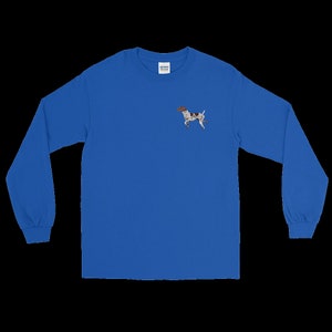 May include: A royal blue long-sleeved t-shirt with a small embroidered image of a brown and white German Shorthaired Pointer dog.