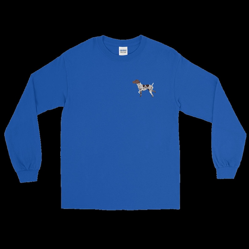 May include: A royal blue long-sleeved t-shirt with a small embroidered image of a brown and white German Shorthaired Pointer dog.