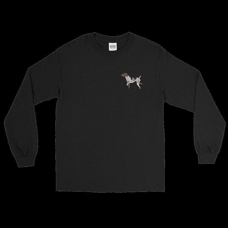 May include: Black long-sleeve t-shirt with a brown and white German Shorthaired Pointer dog graphic on the left chest.
