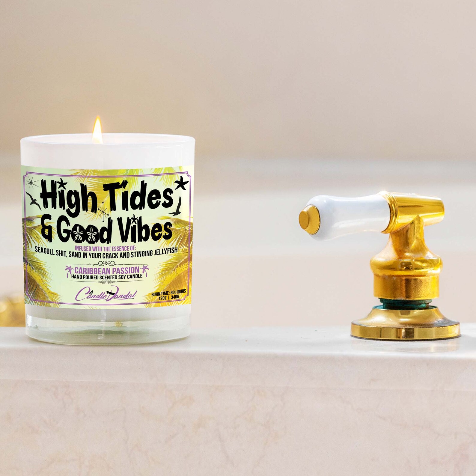 Funny Beach Candle High Tides and Good Vibes Vanilla Scented, Glass Jar With Bamboo Lid 12oz