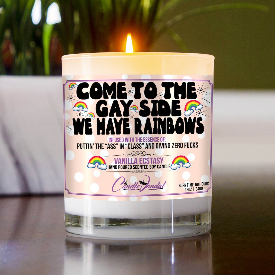 Funny LGBT Gay Candle Come to the Gay Side We Have Rainbows Vanilla