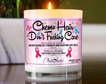 Cancer Awareness Candle: Chemo Hair Don't Fucking Care | Vanilla Scented, Glass Jar w/ Bamboo Lid | Cancer Gifts for Women | 60 Hour Burn