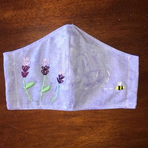 Hand Embroidered Lavender and Bee Mask on Purple