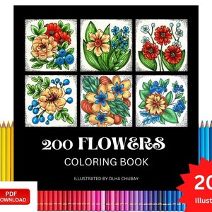 200 Flowers / Coloring book / Coloring pages / Illusstrated by Olha Chubay
