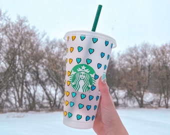 Reusable Cold Cup with Rainbow Hearts- used for iced coffee, frappes and more - comes with reusable straw | NOT DISHWASHER SAFE|
