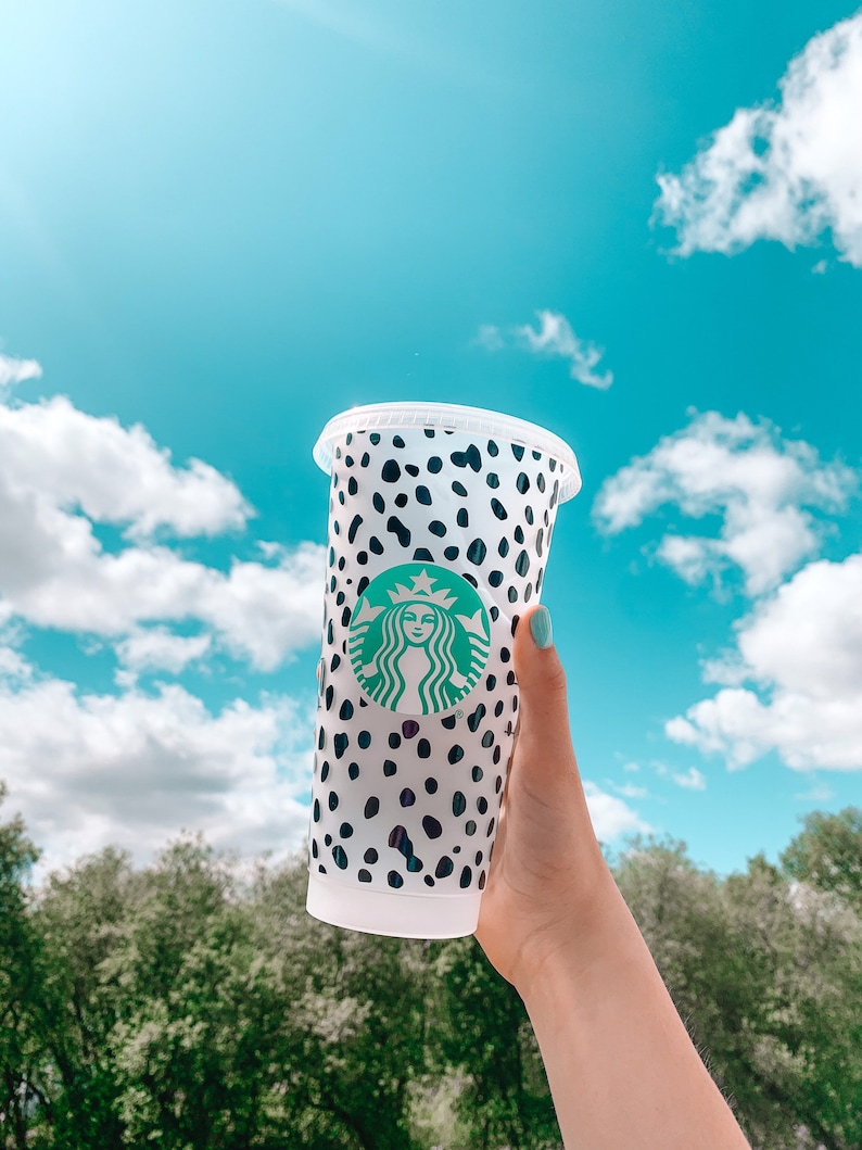 Reusable Cold Cup with Dalmatian Print- used for iced coffee, frappes and more - comes with reusable straw | NOT DISHWASHER SAFE|