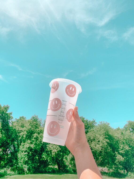 Reusable Cold Cup With Smiley Faces Used for Iced Coffee, Frappes and More  Comes With Reusable Straw NOT DISHWASHER SAFE 