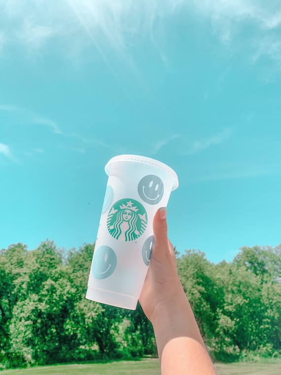 Reusable Cold Cup With Smiley Faces Used for Iced Coffee, Frappes and More  Comes With Reusable Straw NOT DISHWASHER SAFE 