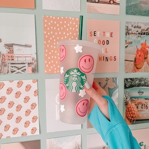 Reusable Cold Cup with lightning smiley faces- used for iced coffee, frappes and more - comes with reusable straw | NOT DISHWASHER SAFE|