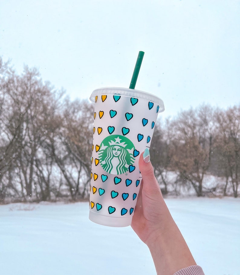 Reusable Cold Cup with Rainbow Hearts- used for iced coffee, frappes and more - comes with reusable straw | NOT DISHWASHER SAFE|