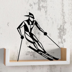 May include: Black and white silhouette of a skier in a stylized design, skiing downhill on a pair of skis.
