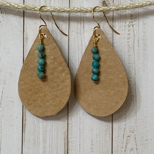 Tan Leather Teardrop Earring with Turquoise Stones