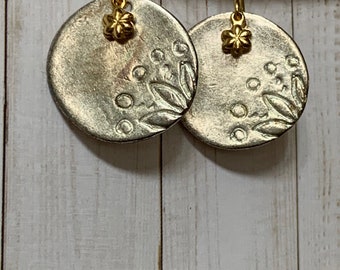 Silver Stamped Circle Earring with Flower Dangle