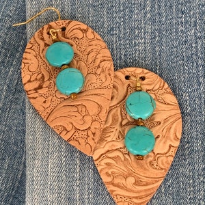 Stamped Leather Teardrop Earring with Turquoise Stones