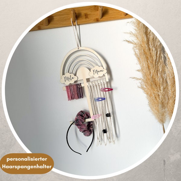 Personalisierter Haarspangenhalter | Haarspangenhalter mit Namen | Haarspangenhalter aus Holz | Haarspangenhalter Regenbogen