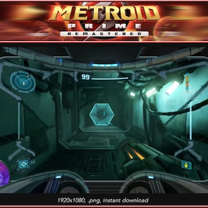 May include: A video game screenshot of Metroid Prime Remastered. The player is looking down a hallway with a blue glowing door at the end. The player's health is 99.