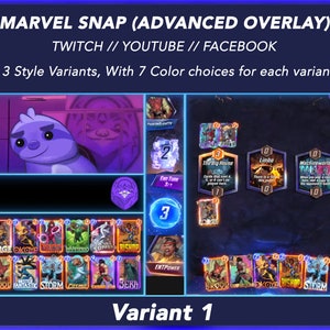 以下が含まれることがあります： マーベルスナップカードゲームのデジタルオーバーレイ。紫色の漫画のキャラクターとカードゲームの要素が特徴です。「MARVEL SNAP」、「TWITCH」、「YOUTUBE」、「FACEBOOK」などのテキストが含まれています。画像には「3つのスタイルバリアント」と「7つのカラーチョイス」が表示されています。