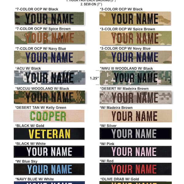 Custom Military Name Tape with Hook Fastener Backing (5"x1") or Sew-On (7"x1")