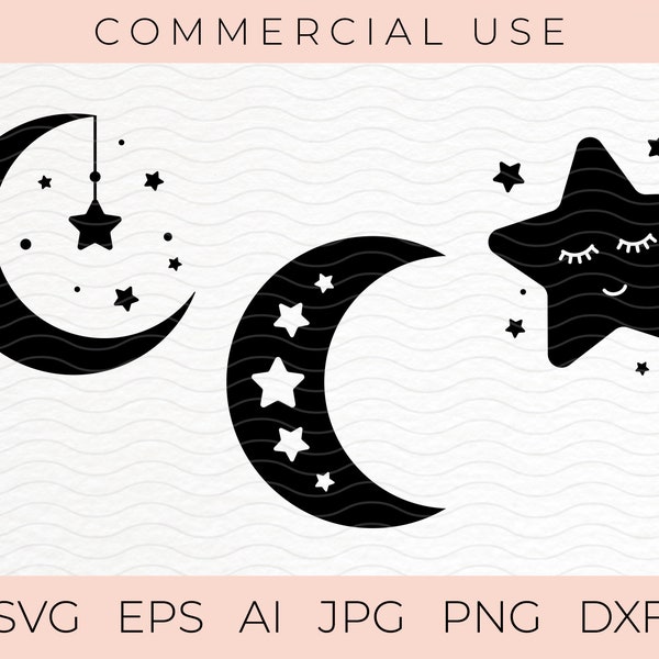 Moon and stars svg files for cricut / Star / SVG, PNG, EPS, dxf, jpg / Instant Download / Moon Design Vector / Star Clipart / Silhouette