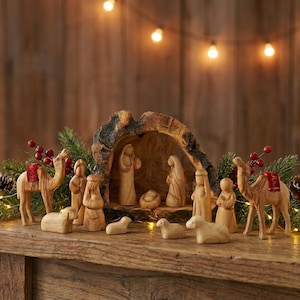 Nativity set made in the Holy Land Olive Wood Nativity Set in a cave: Hand Carved nativity scene - Olive wood nativity set Manger