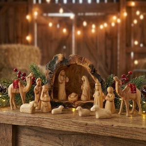 Nativity set made in the Holy Land Olive Wood Nativity Set in a cave: Hand Carved nativity scene - Olive wood nativity set Manger
