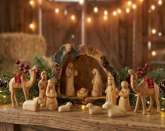 Nativity set made in the Holy Land Olive Wood Nativity Set in a cave: Hand Carved nativity scene - Olive wood nativity set Manger