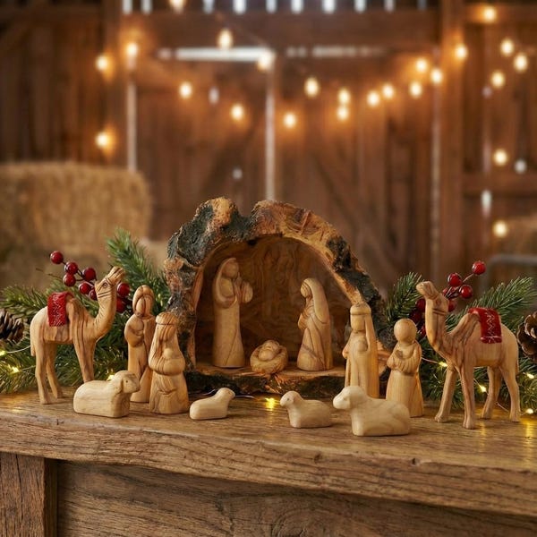 Belén de madera hecho en Tierra Santa / Regalo de Navidad Belén de madera de olivo / Escena de la Natividad en una cueva Belén tallado a mano