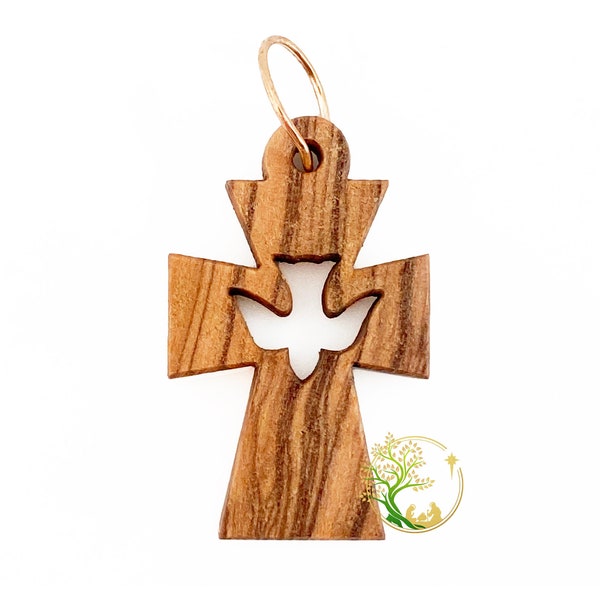 Set of 3 Olive Wood Holy Spirit Cross Pendant. Wooden Cross Charms for Religious rosary- jewelry making Comes in Gold Organza bag