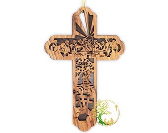 Olive Wood Last Supper Cross Ornament – Religious Christmas Decoration