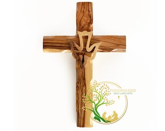 Olive Wood Holy Spirit Cross: Dove Baptism Gift