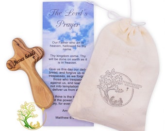 Olive Wood Comfort Cross: Handheld Palm Cross, "Jesus Heals" Engraving