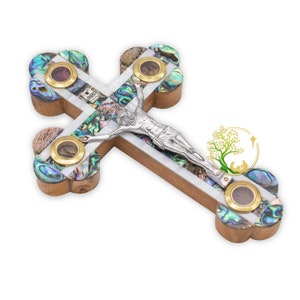Mother of Pearl Crucifix for wall | Holy Crucifix Hand carved from Olive wood in the Holy Land | Holy wall cross from the Holy Land |