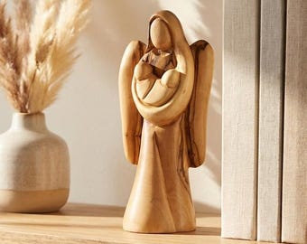 Olive Wood Guardian Angel Holding Baby Twins Statue - Religious Nursery Decor
