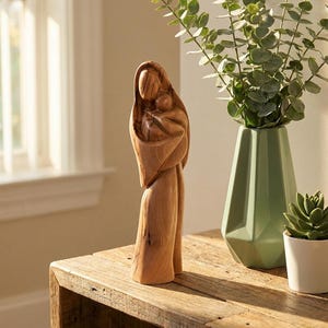 Hand-Carved Olive Wood Mother Mary and Baby Jesus Statue - Holy Land Art image 1