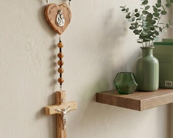 Olive Wood Wall Rosary: Heart Centerpiece, Crucifix, Catholic Prayer Beads