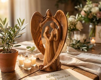 Olive Wood Wedding Couple Statue: Angel Wings, Religious Gift