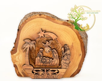 Handmade Wooden Nativity Scene carved on a tree slice| Nativity set Christmas Decoration| Olive wood Manger scene Nativity Christmas gift