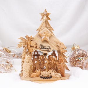 Olive Wood Musical Nativity Scene with Incense & Music Box - Handmade in The Holy Land - Hoy Family Nativity Gift for Christmas for all ages