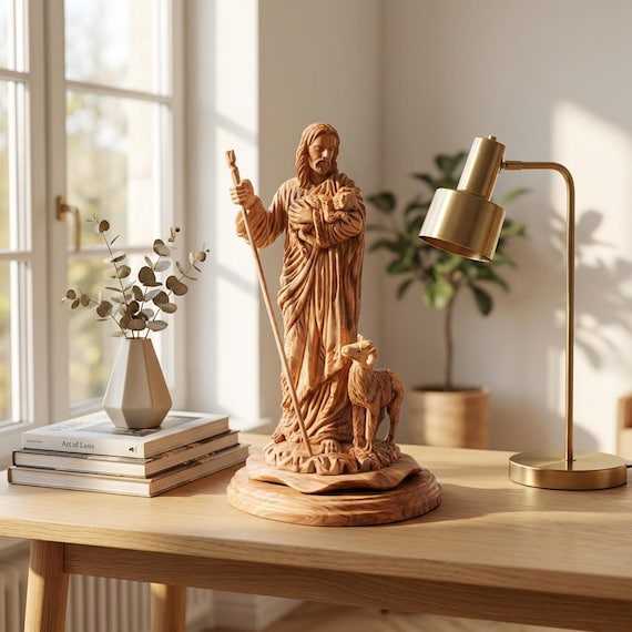 Olive Wood Good Shepherd Statue with Lambs - Holy Land Art