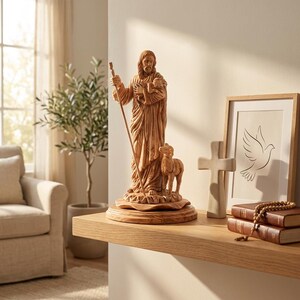 Op de afbeelding: Houten beeld van een religieuze figuur met een staf en een lam. Op de houten plank staan ook een ingelijste afbeelding van een duif, een houten kruis en twee boeken. Het beeld staat op een houten voet.