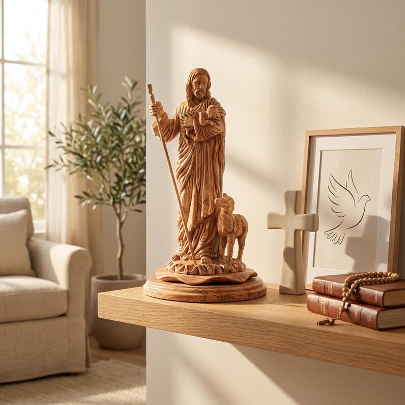 Op de afbeelding: Houten beeld van een religieuze figuur met een staf en een lam. Op de houten plank staan ook een ingelijste afbeelding van een duif, een houten kruis en twee boeken. Het beeld staat op een houten voet.