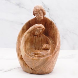 Large Carved Olive Wood Holy Family Statue - Nativity Scene from the Holy Land, Exquisite Detail of Joseph, Virgin Mary and baby Jesus