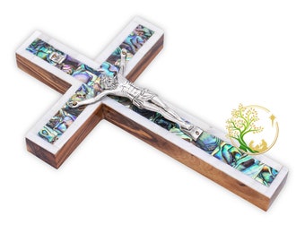 Elegant Mother of Pearl Crucifix for wall | Holy Crucifix Handmade in the Holy Land | Holy decorative wall cross | Religious Gift