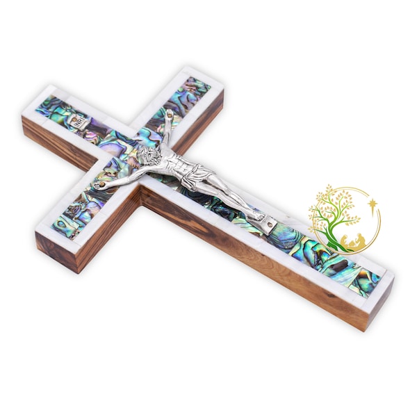 Elegant Mother of Pearl Crucifix for wall | Holy Crucifix Handmade in the Holy Land | Holy decorative wall cross | Religious Gift