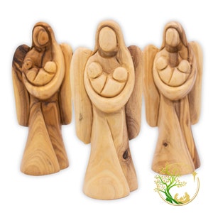Olive Wood Guardian Angel Holding Baby Twins Statue - Religious Nursery Decor