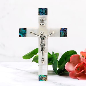 Decorative wall cross for your home decor | Elegant Mother of Pearl and Abalone Crucifix for wall | Holy Crucifix Catholic Religious Gift