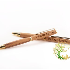 Olive Wood Pen Engraved with Jerusalem/Bethlehem/Jesus Made in The Holy Land - Hand Turned Pen - 5.2 Inches Long, unique souvenir / gift