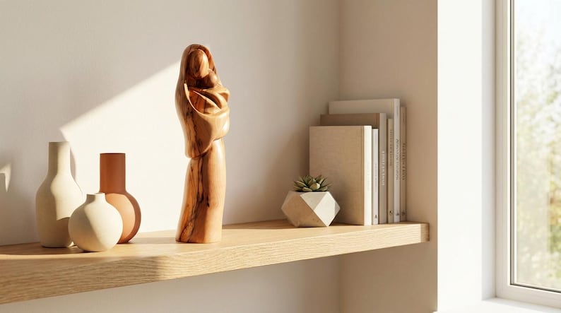 Hand-Carved Olive Wood Mother Mary and Baby Jesus Statue - Holy Land Art image 6