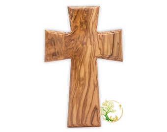 Croix murale en bois d'olivier : cadeau religieux fait main, 20 x 15 cm