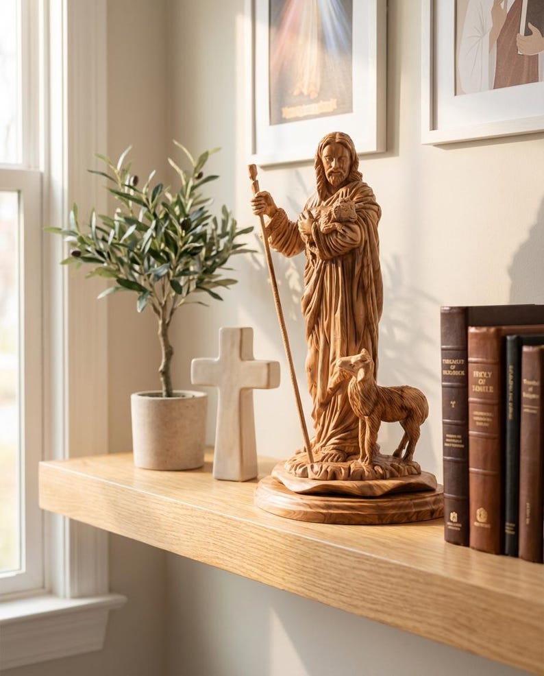 Op de afbeelding: Een houten beeld van Jezus met een lam en staf, met een klein lam aan zijn voeten. Een wit kruis, een plant in pot en boeken staan op een houten plank. Twee ingelijste foto's hangen aan de muur.